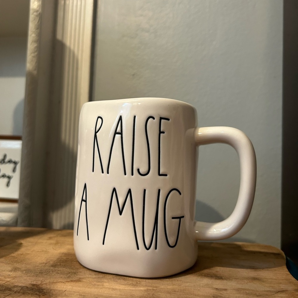 Rae Dunn RAISE A MUG Coffee Cup Ceramic White with Black